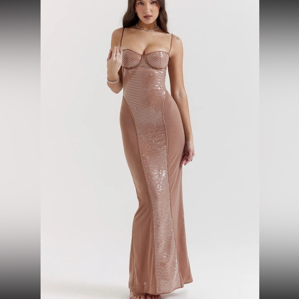 HOUSE OF CB 'Bonita' Cafe Au Lait Sequin Maxi Dress /Size s